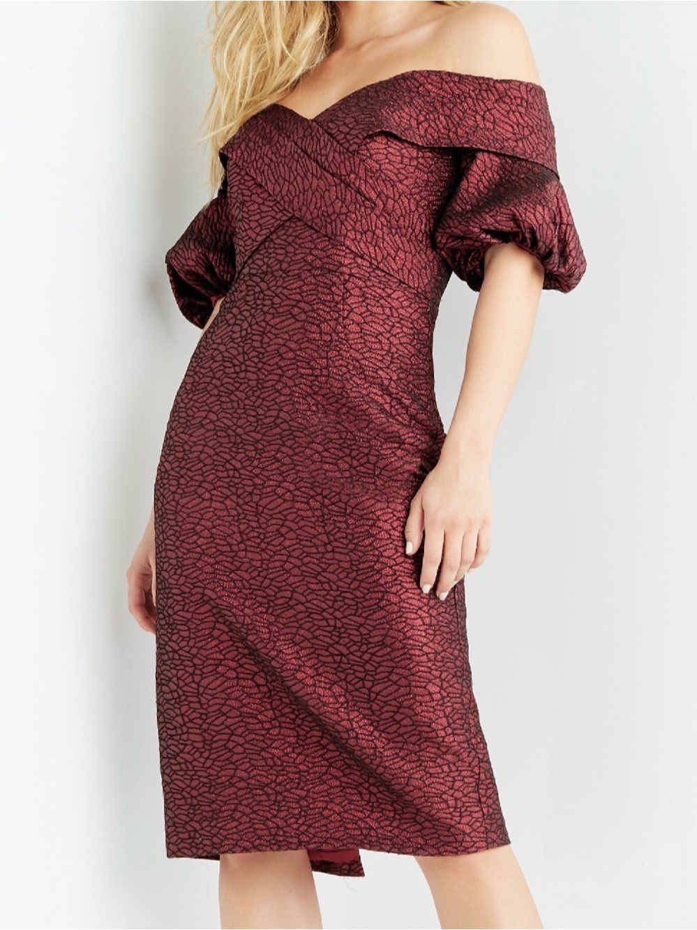 Jovani One-Shoulder Burgundy Textured Cocktail Dress